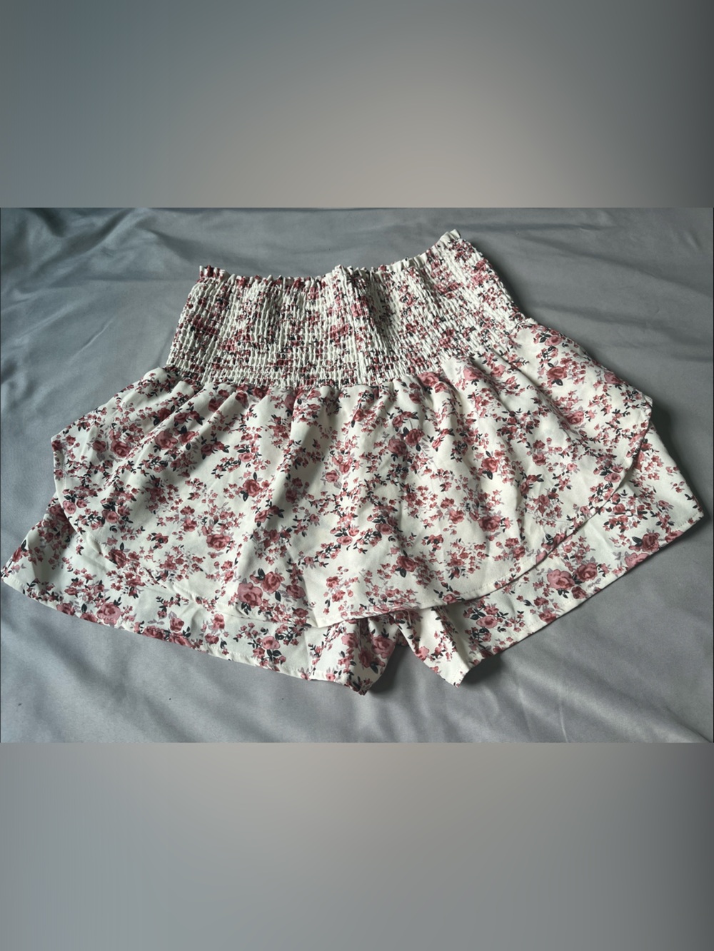 Floral Ruffled Smocked Waist Shorts - White with Dusty Rose